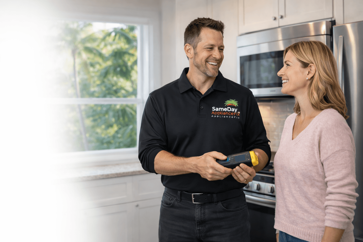 SameDay ApplianceFix technician repairing refrigerator
